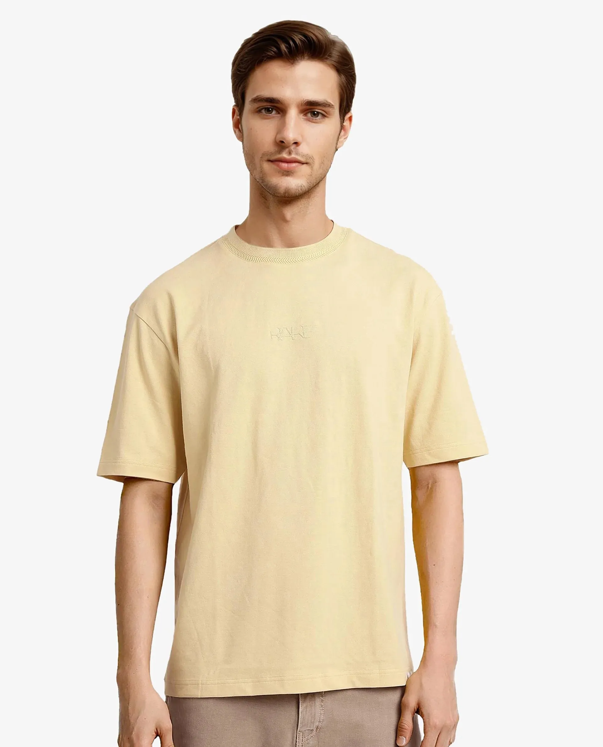 Rare Rabbit Mens Heros-1 Light Yellow Cotton Lycra Fabric Blend Drop Shoulder Short Sleeve Oversized Fit Solid T-Shirt