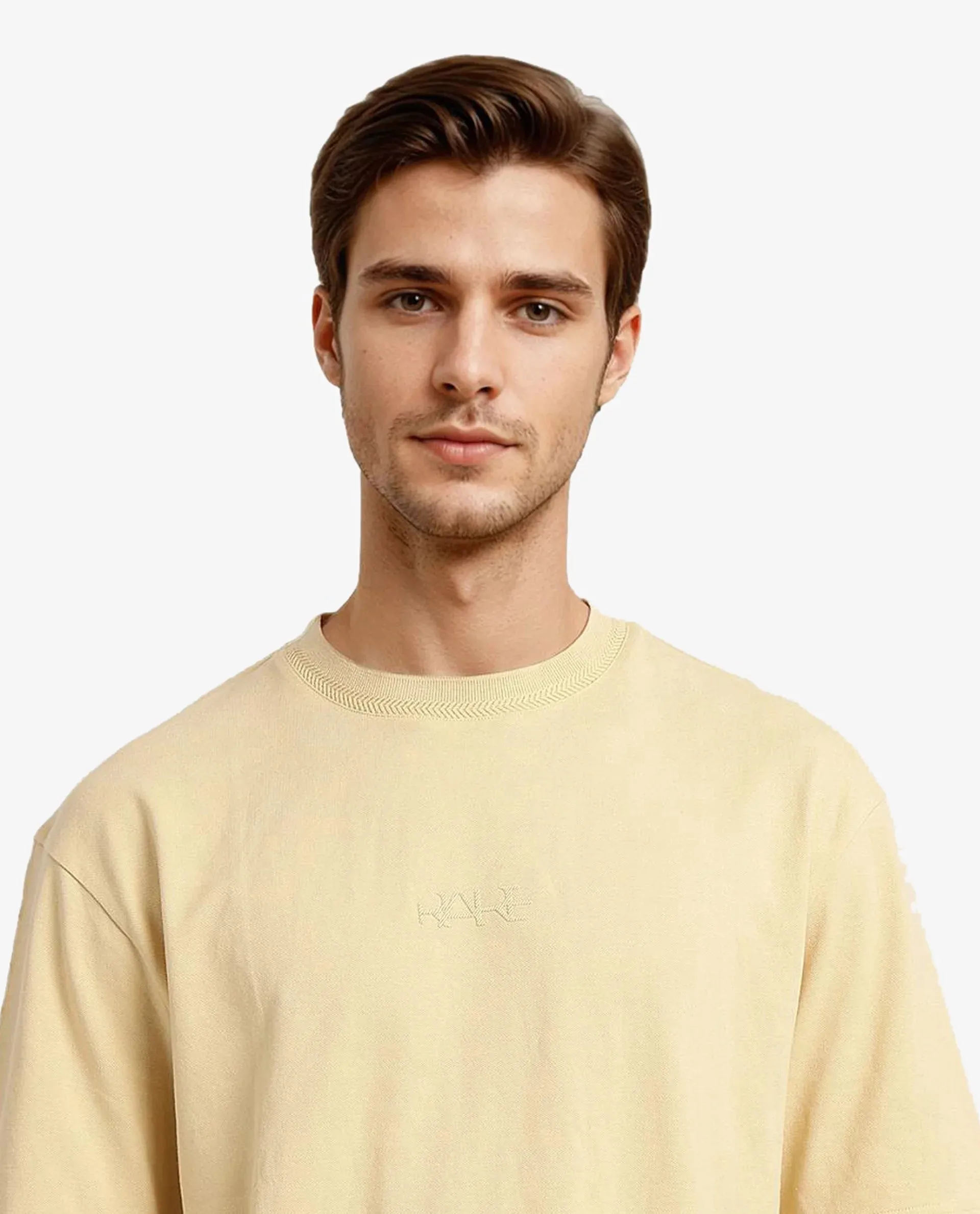 Rare Rabbit Mens Heros-1 Light Yellow Cotton Lycra Fabric Blend Drop Shoulder Short Sleeve Oversized Fit Solid T-Shirt