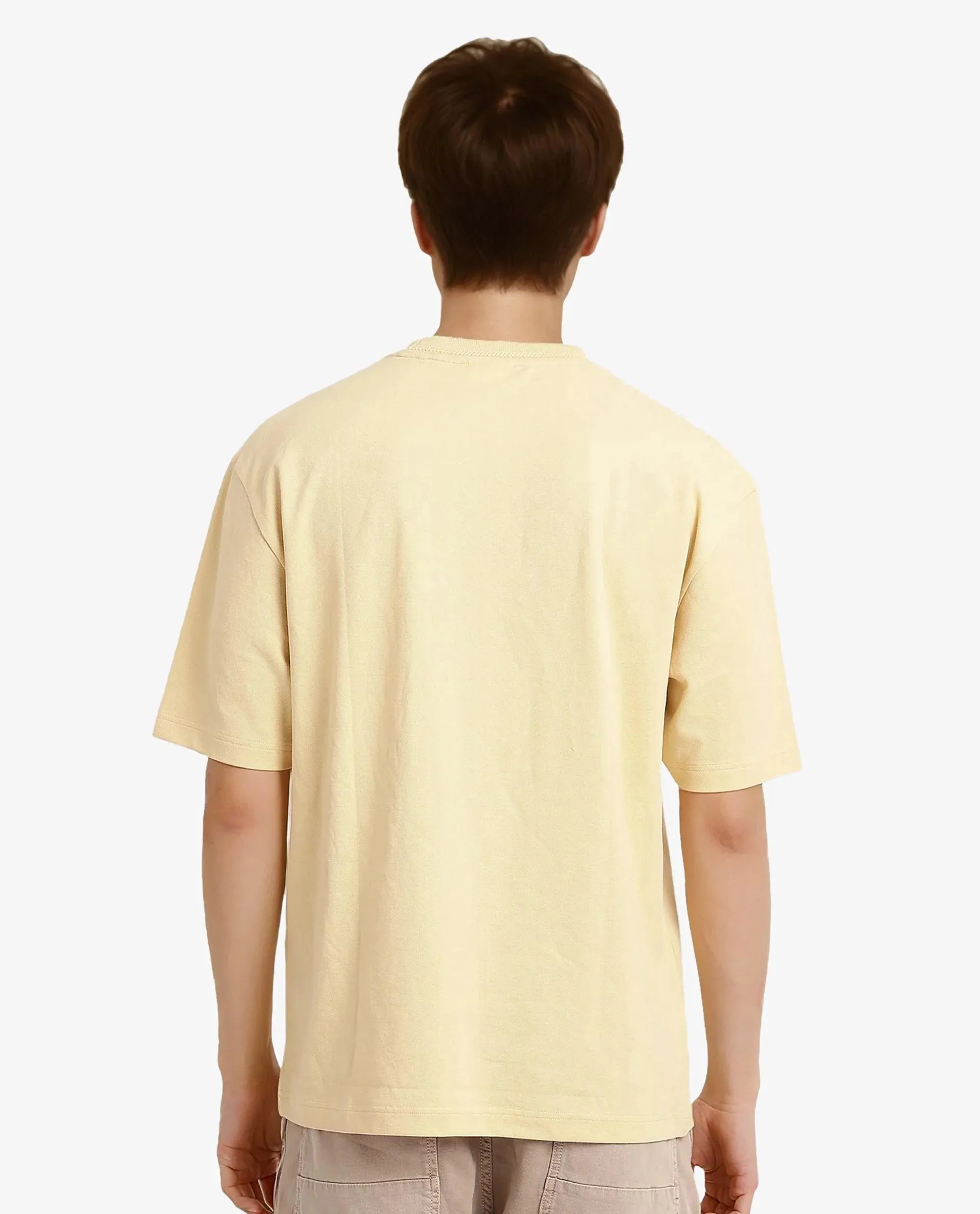 Rare Rabbit Mens Heros-1 Light Yellow Cotton Lycra Fabric Blend Drop Shoulder Short Sleeve Oversized Fit Solid T-Shirt