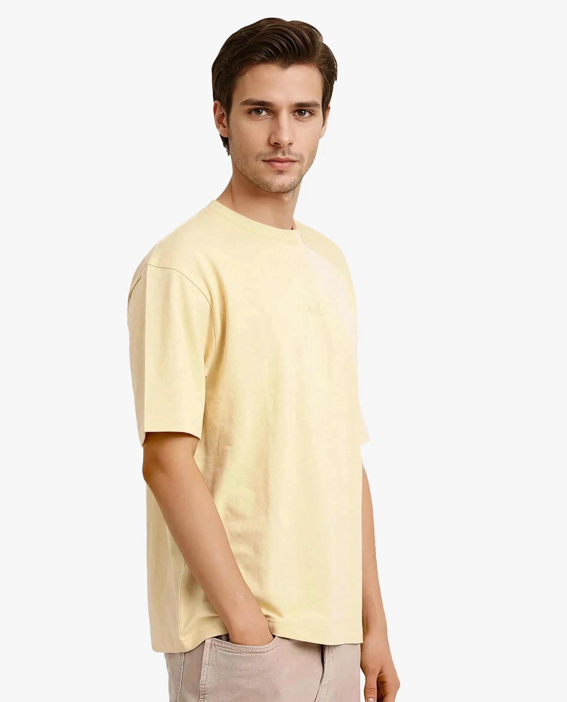 Rare Rabbit Mens Heros-1 Light Yellow Cotton Lycra Fabric Blend Drop Shoulder Short Sleeve Oversized Fit Solid T-Shirt