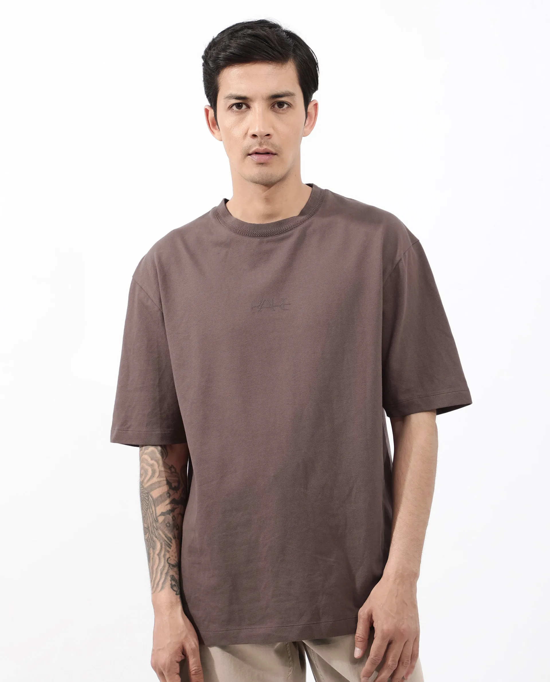 Rare Rabbit Mens Heros Dusky Maroon Cotton Lycra Fabric Blend Drop Shoulder Short Sleeve Oversized Fit Solid T-Shirt