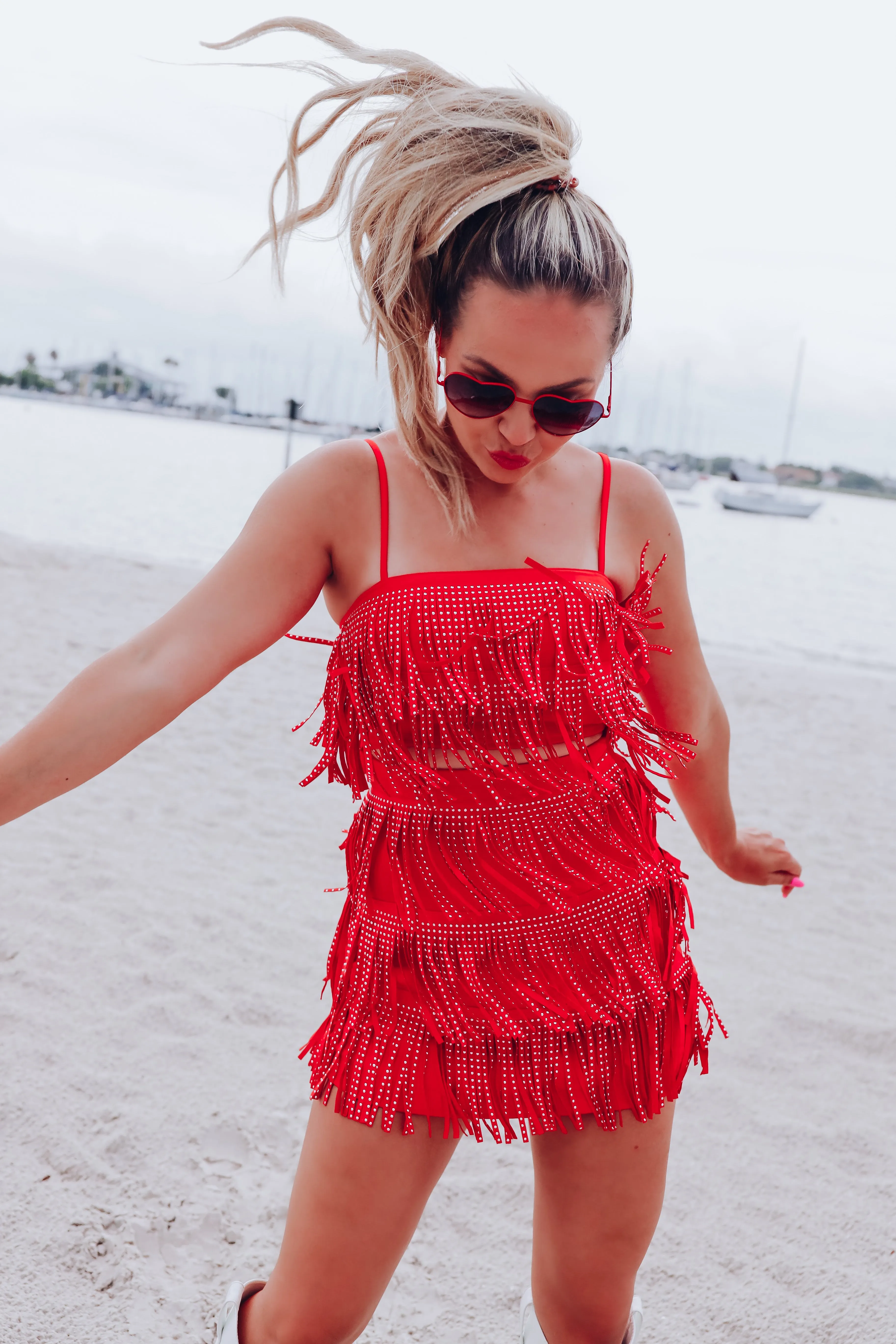 Rowdy Studded Fringe Mini Skirt - Red