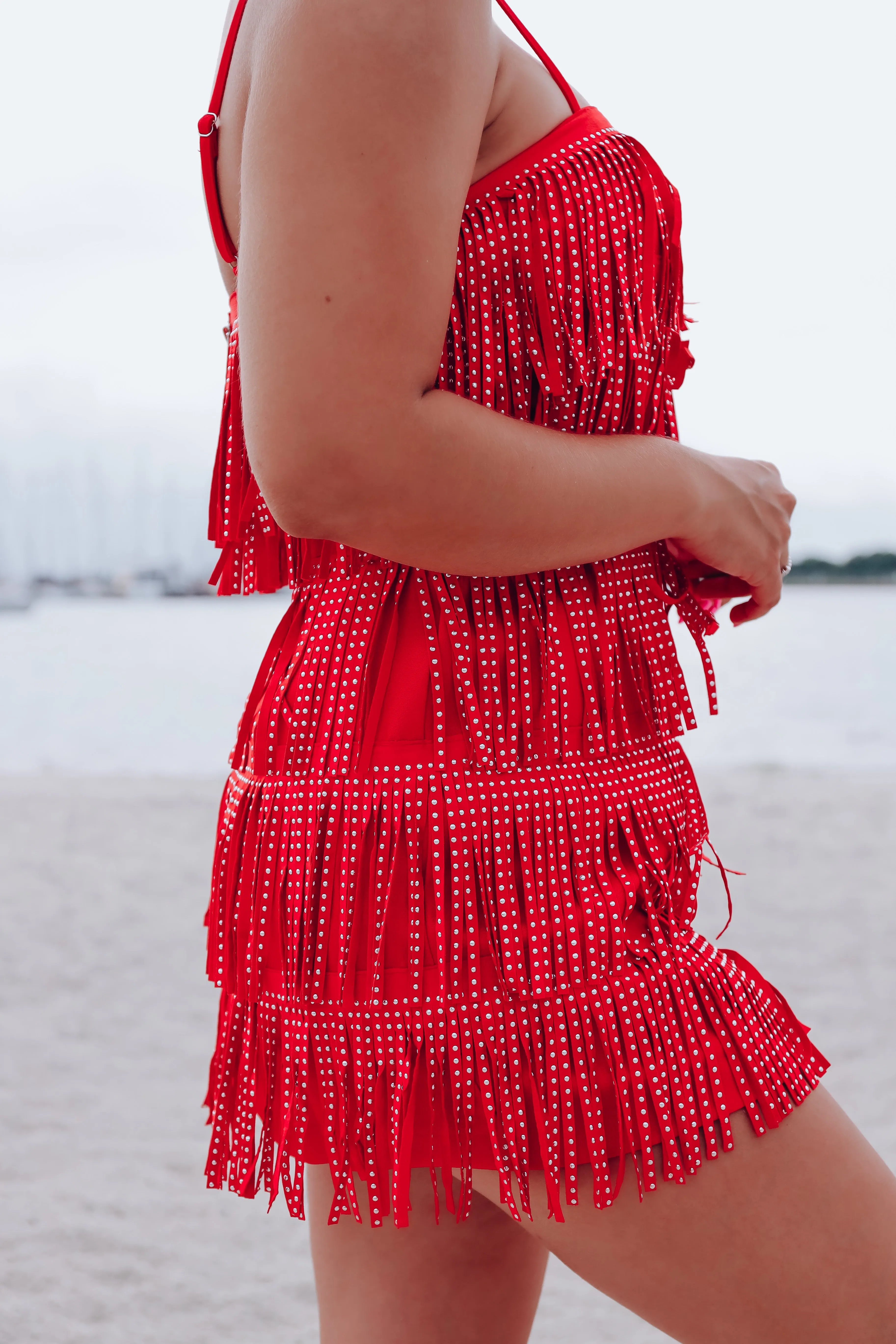 Rowdy Studded Fringe Mini Skirt - Red