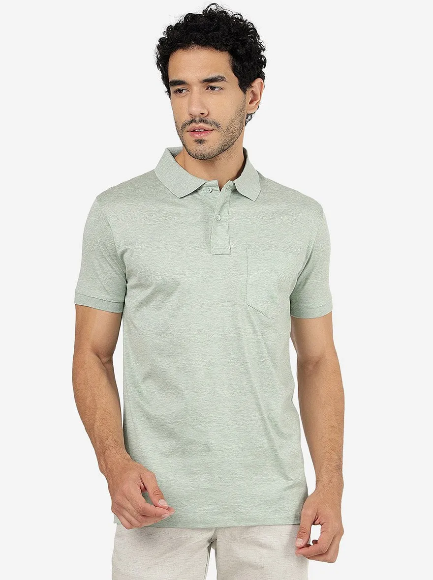 Sage Green Solid Slim Fit Polo T-Shirt | JadeBlue