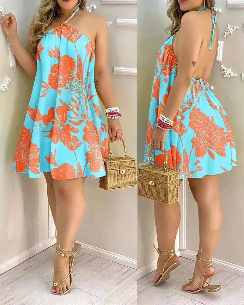 Tropical Print Halter Neck Dress, Vacation Style Backless Dress For Spring & Summer, Women's Clothing