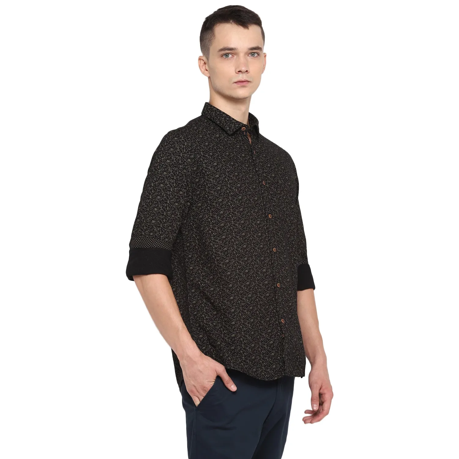 Turtle Men Black Cotton Printed Slim Fit Shirts