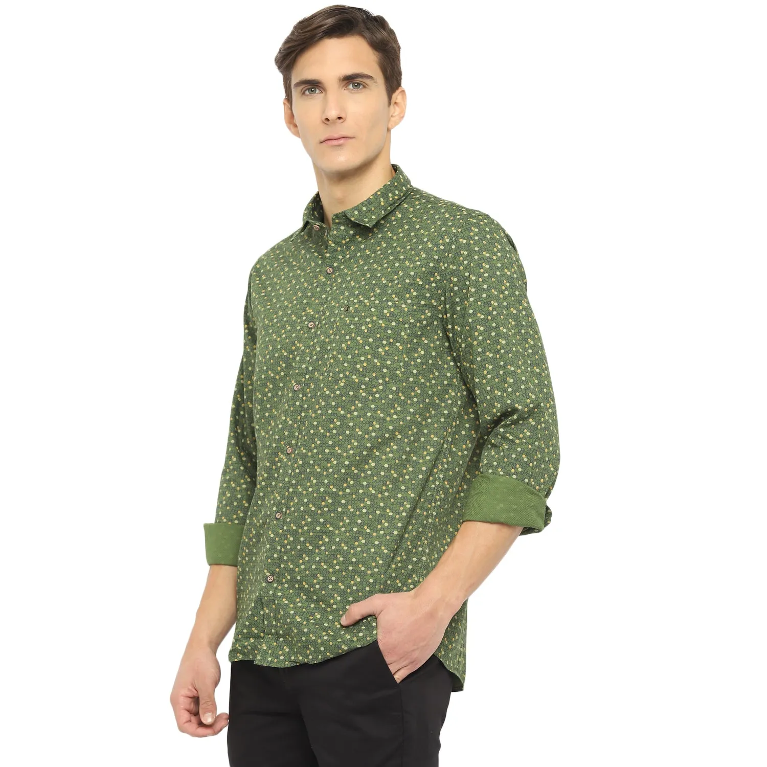 Turtle Men Green Cotton Printed Slim Fit Shirts