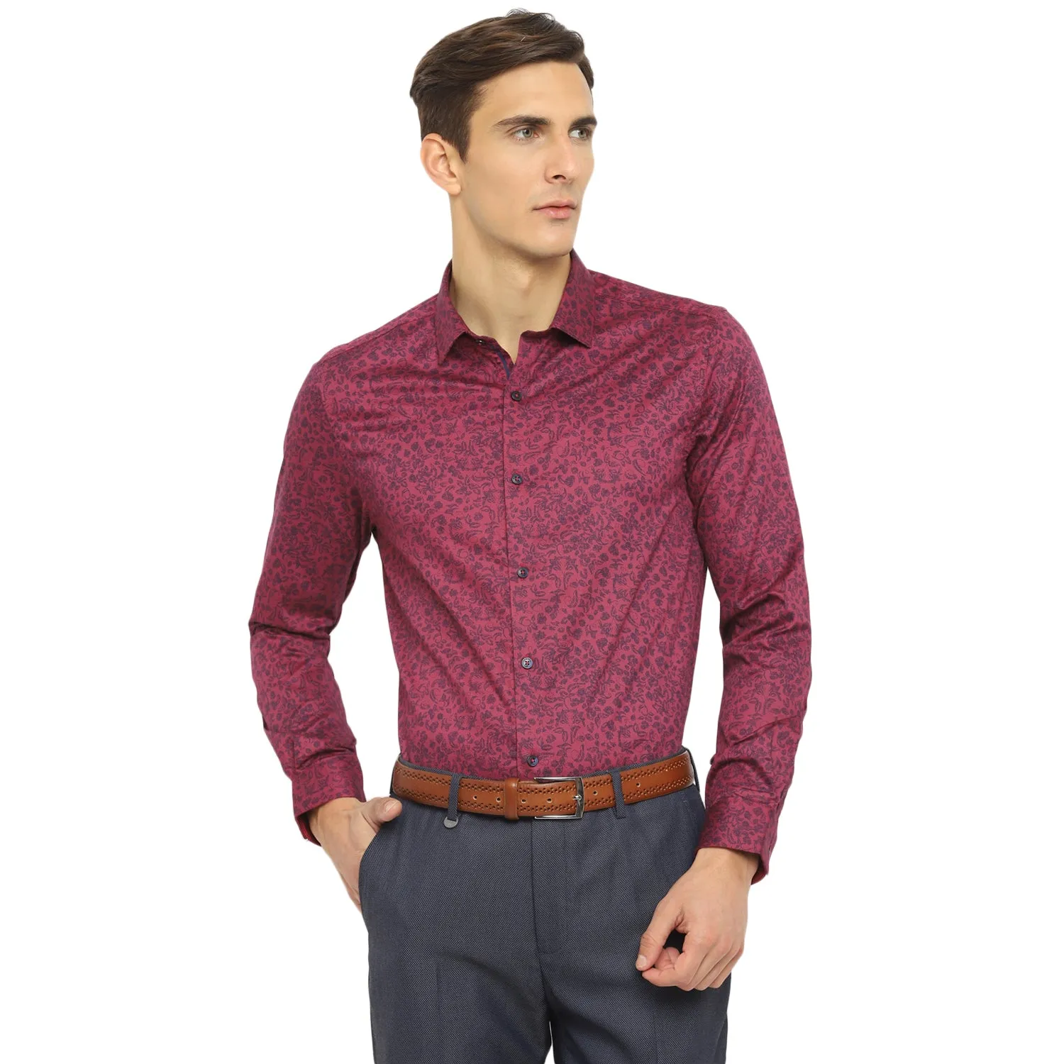 Turtle Men Maroon Cotton Printed Slim Fit Shirts