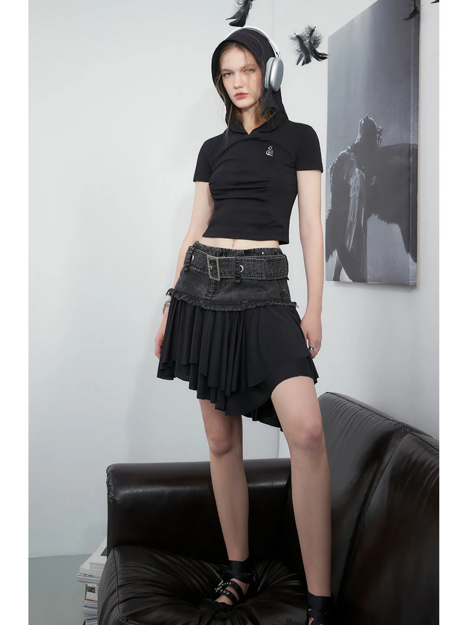 WESAME LAB DENIM STITCHING A-SHAPED MINISKIRT