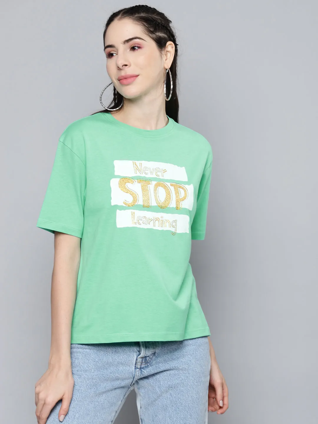 Women Green Never-Stop-Learning T-Shirt