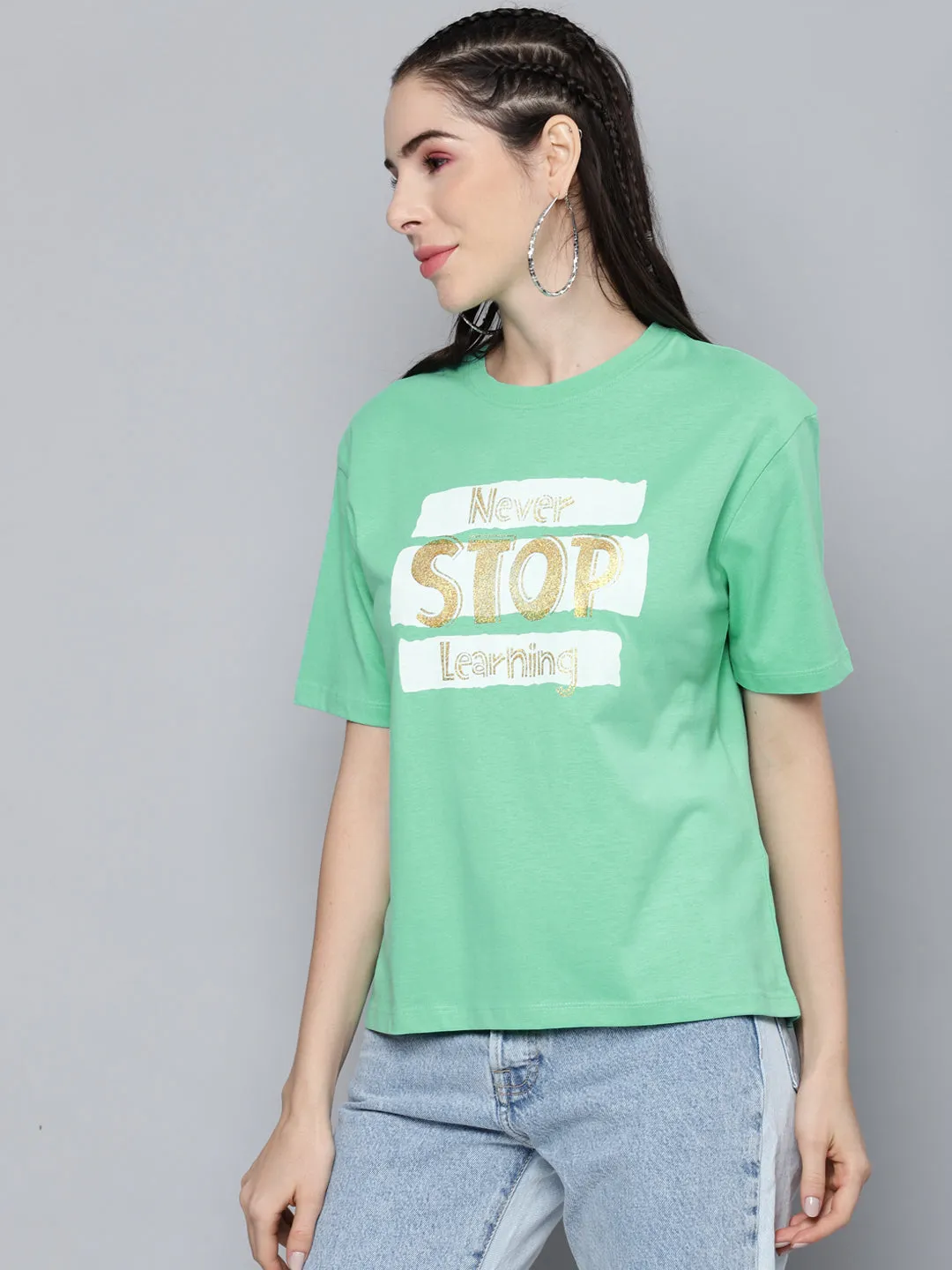 Women Green Never-Stop-Learning T-Shirt