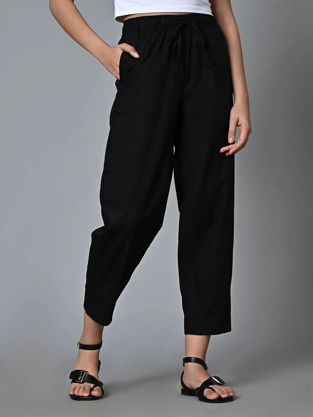 Women's Black Cotton Regular Fit Pant