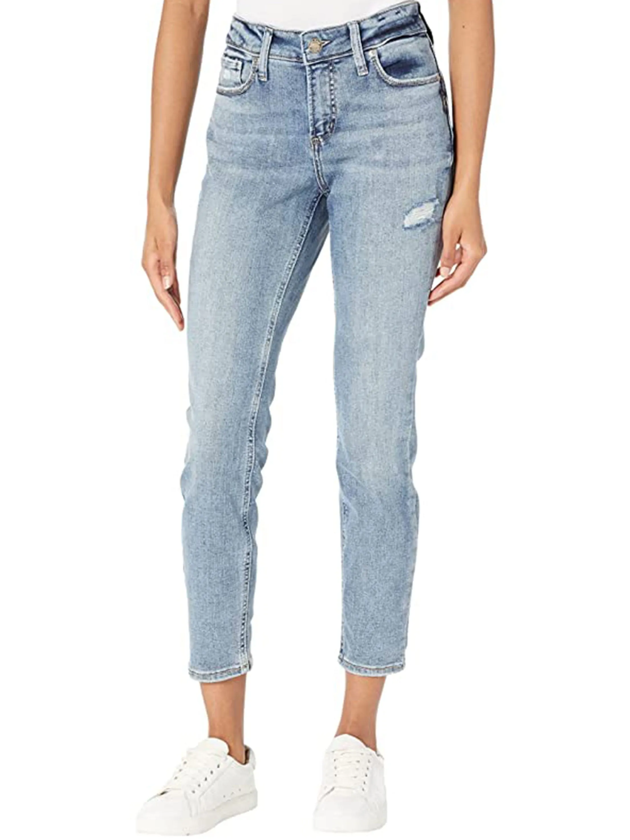 Women's Plain Solid with Little Ripped Jeans,Light Blue