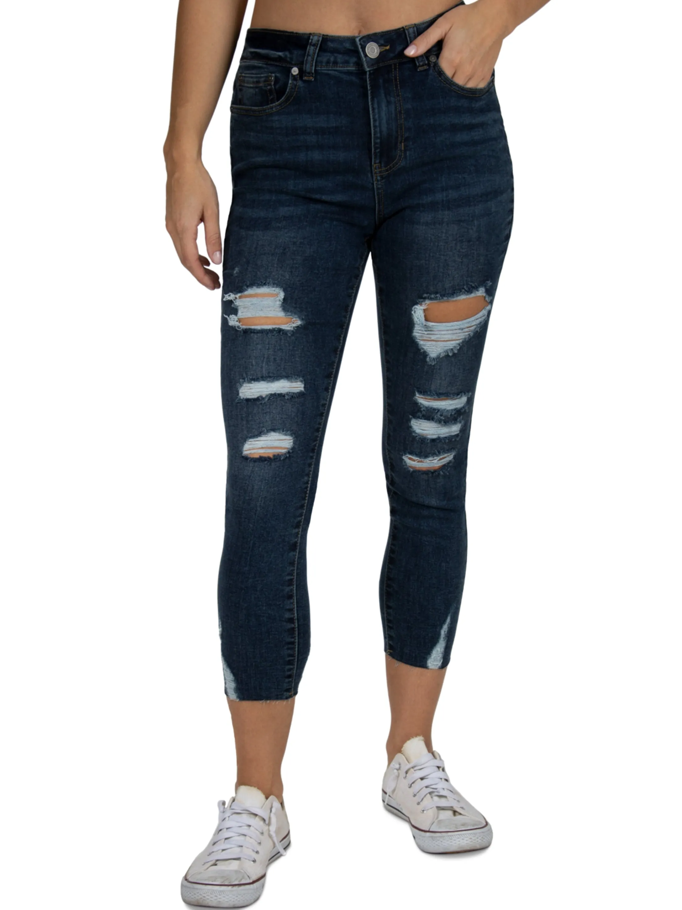 Women's Ripped Cropped Skinny Jeans,Navy