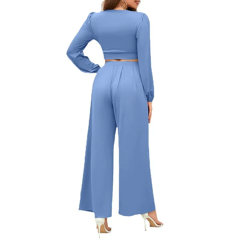 Women's V-neck Long Sleeve High Waist Loose Wide Leg Pants