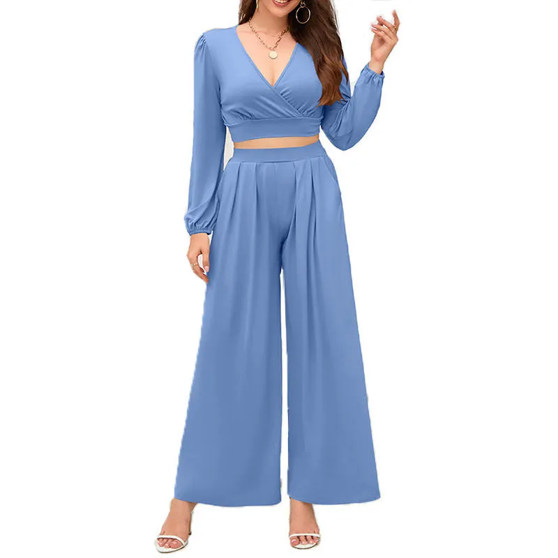 Women's V-neck Long Sleeve High Waist Loose Wide Leg Pants